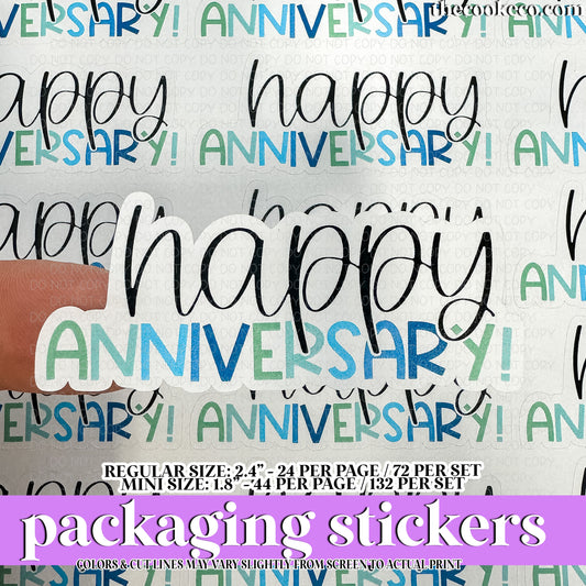 PTO Packaging Stickers | #C0972 - HAPPY ANNIVERSARY BLUES/GREENS