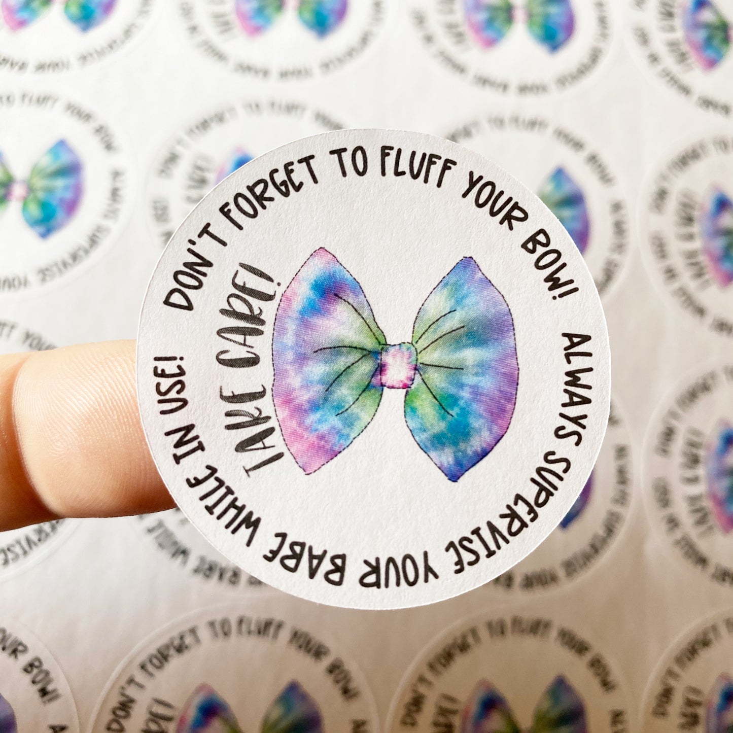 PTO Packaging Stickers | #C0447 - TAKE CARE - BOW CARE INSTRUCTIONS - TIE DYE
